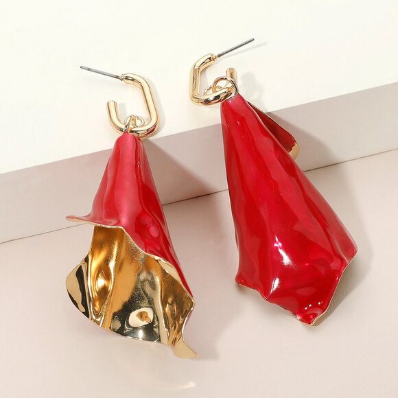 Petal Drop Red Green White Enamel Dangle Earrings - Holiday Ready! - Great Gift! - Picture 3 of 7